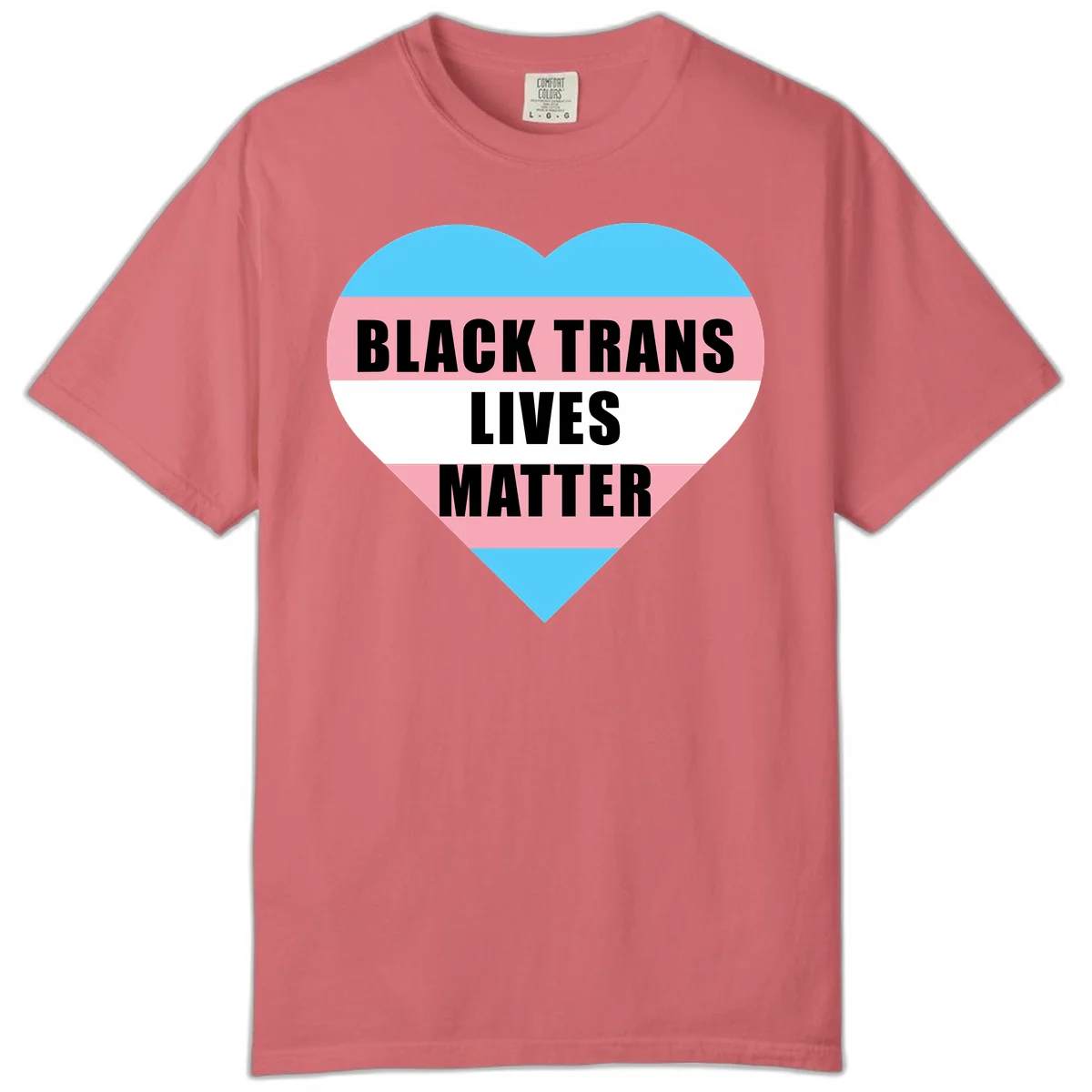 Heart-shaped design with trans flag stripes (blue, pink, white) and bold text reading 'BLACK TRANS LIVES MATTER' in Watermelon