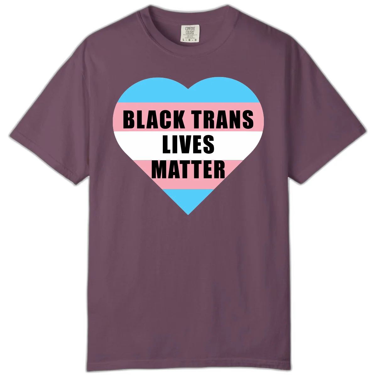 Heart-shaped design with trans flag stripes (blue, pink, white) and bold text reading 'BLACK TRANS LIVES MATTER' in Berry