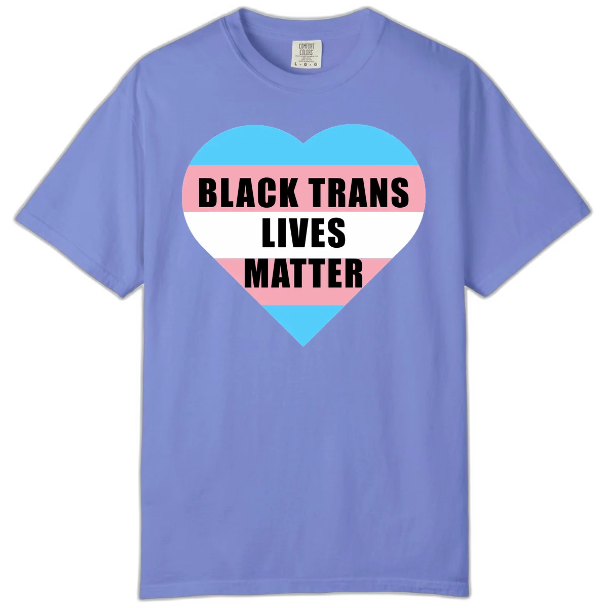 Heart-shaped design with trans flag stripes (blue, pink, white) and bold text reading 'BLACK TRANS LIVES MATTER' in Flo Blue