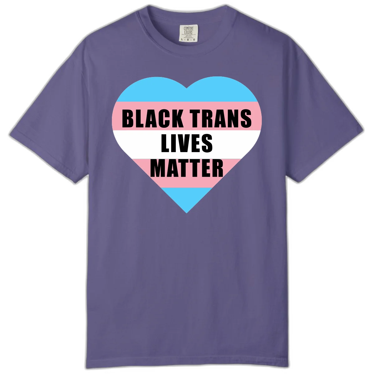 Heart-shaped design with trans flag stripes (blue, pink, white) and bold text reading 'BLACK TRANS LIVES MATTER' in Grape