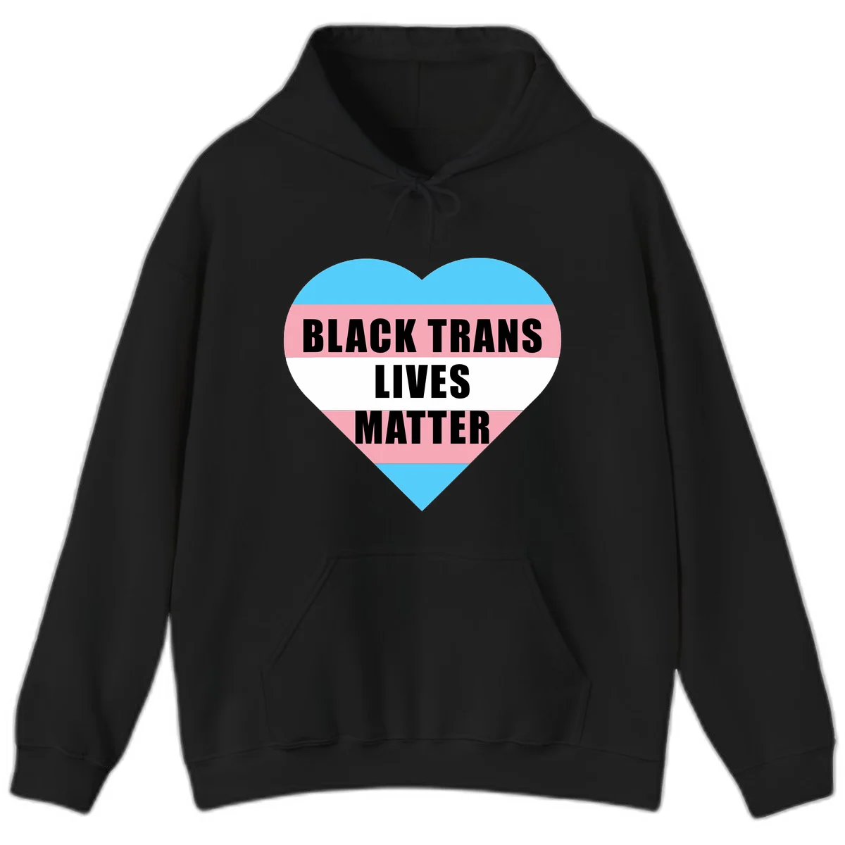 Heart-shaped design with trans flag stripes (blue, pink, white) and bold text reading 'BLACK TRANS LIVES MATTER' in Black