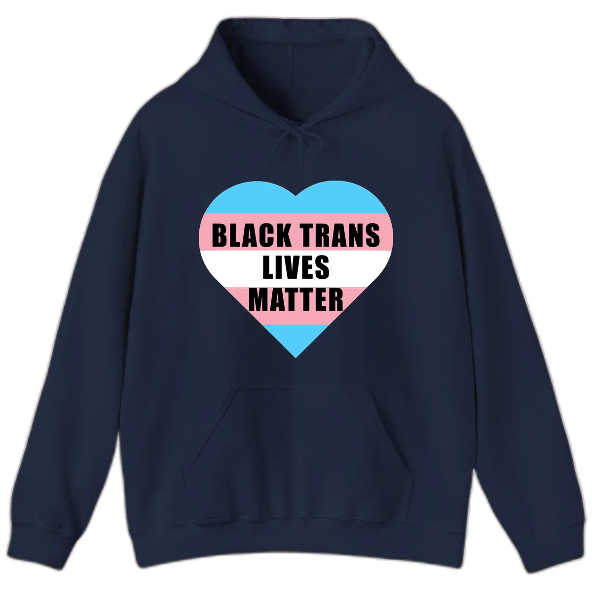 Heart-shaped design with trans flag stripes (blue, pink, white) and bold text reading 'BLACK TRANS LIVES MATTER' in Navy
