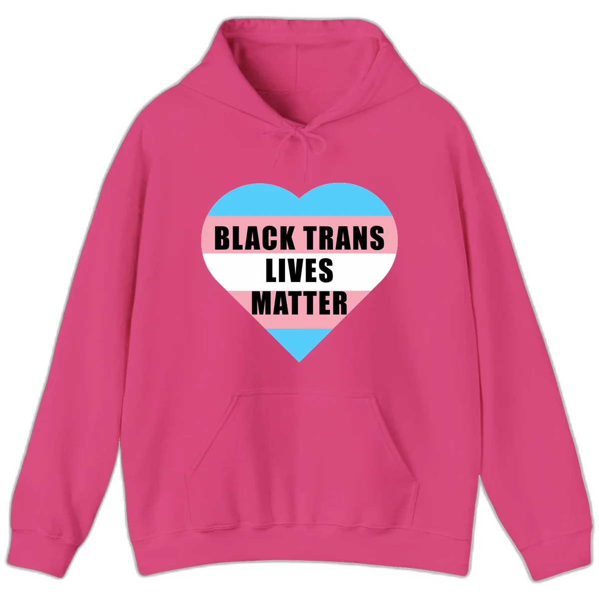 Heart-shaped design with trans flag stripes (blue, pink, white) and bold text reading 'BLACK TRANS LIVES MATTER' in Heliconia