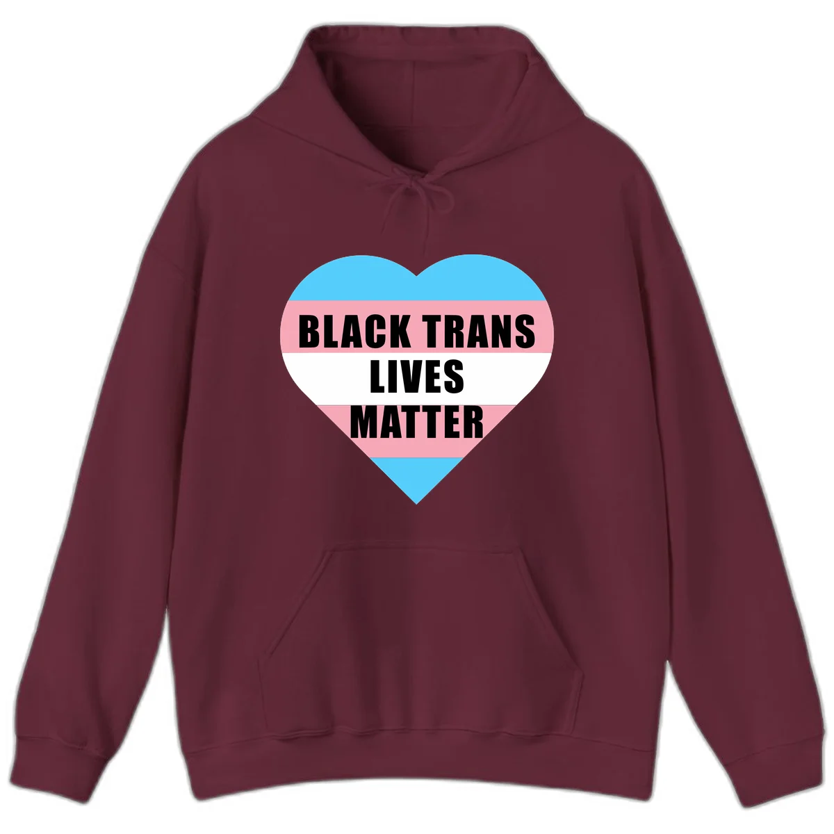 Heart-shaped design with trans flag stripes (blue, pink, white) and bold text reading 'BLACK TRANS LIVES MATTER' in Maroon