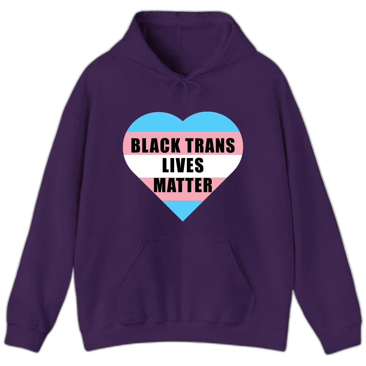 Heart-shaped design with trans flag stripes (blue, pink, white) and bold text reading 'BLACK TRANS LIVES MATTER' in Purple