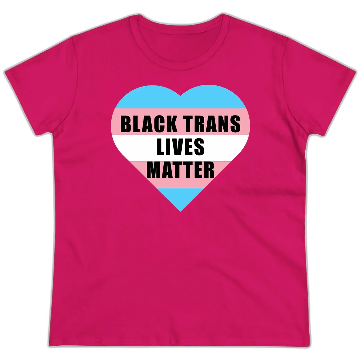 Heart-shaped design with trans flag stripes (blue, pink, white) and bold text reading 'BLACK TRANS LIVES MATTER' in Heliconia