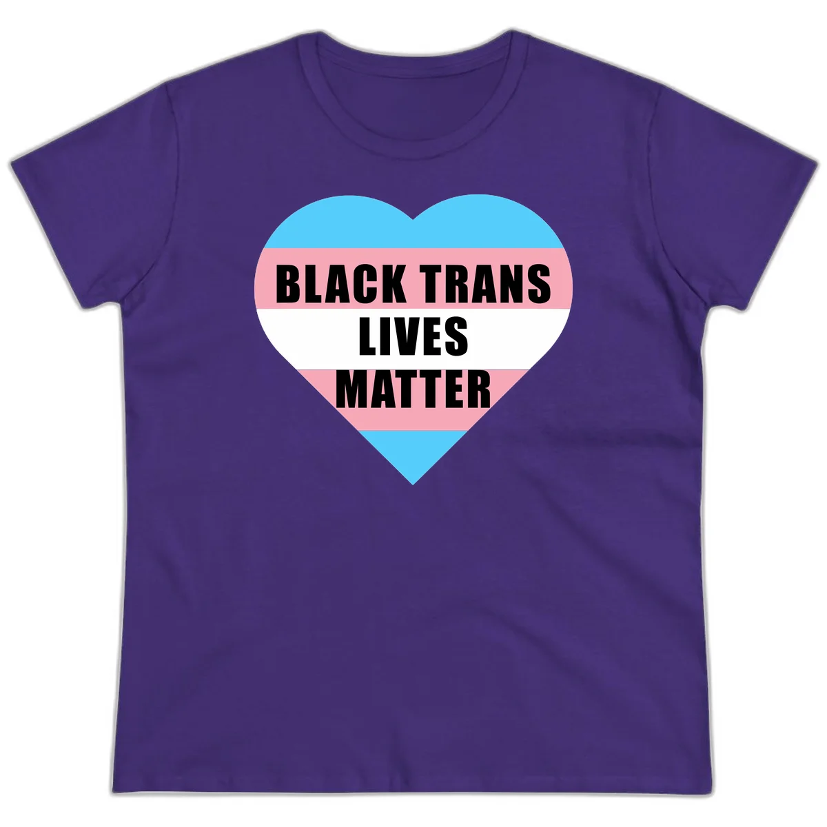 Heart-shaped design with trans flag stripes (blue, pink, white) and bold text reading 'BLACK TRANS LIVES MATTER' in Purple