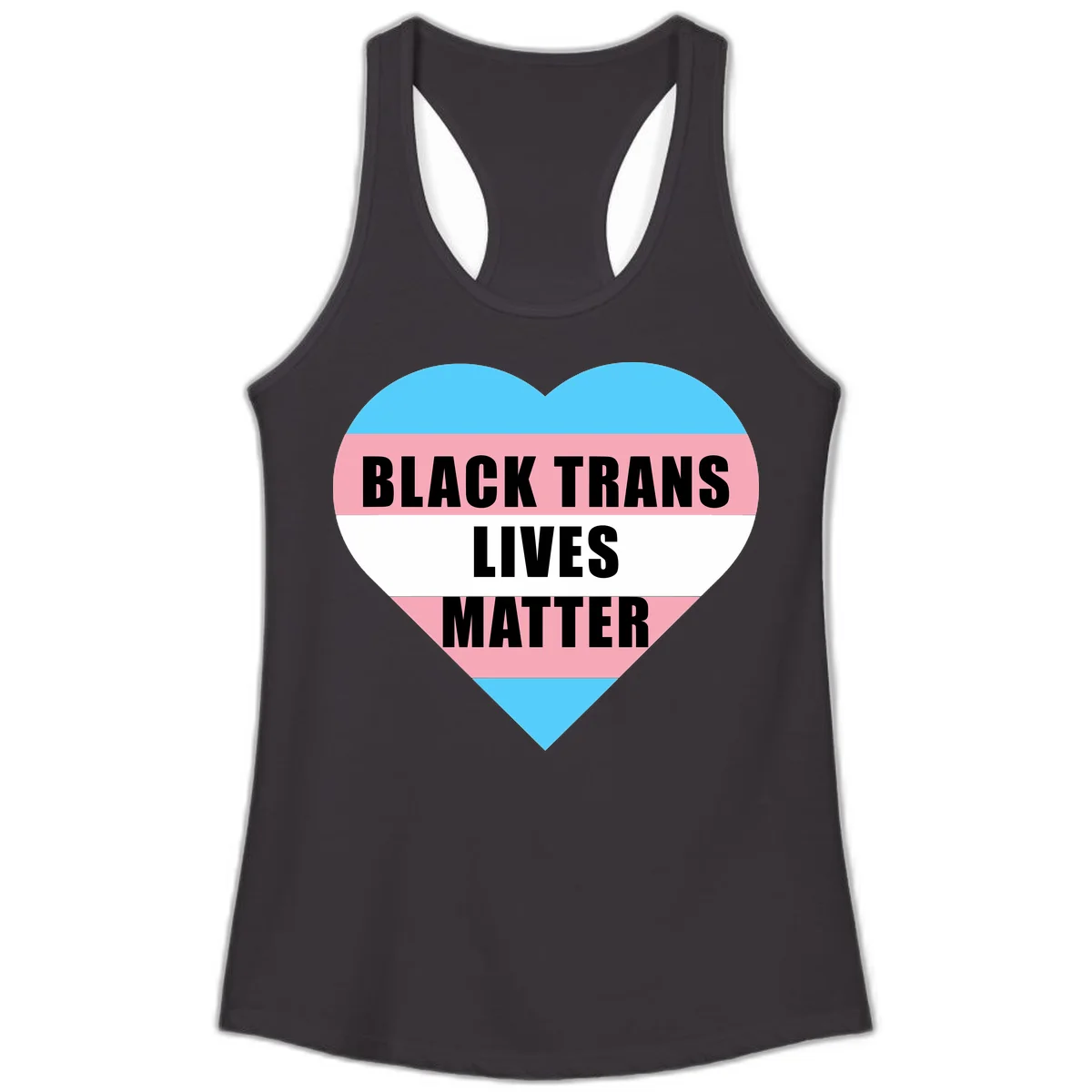 Heart-shaped design with trans flag stripes (blue, pink, white) and bold text reading 'BLACK TRANS LIVES MATTER' in Black