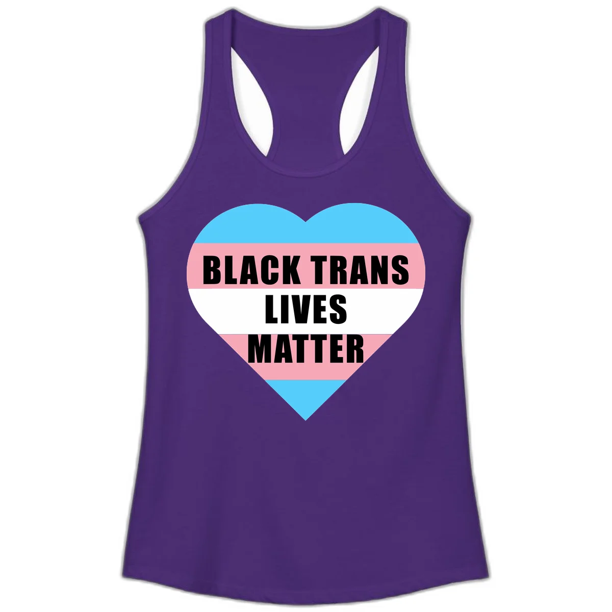 Heart-shaped design with trans flag stripes (blue, pink, white) and bold text reading 'BLACK TRANS LIVES MATTER' in Solid Purple Rush
