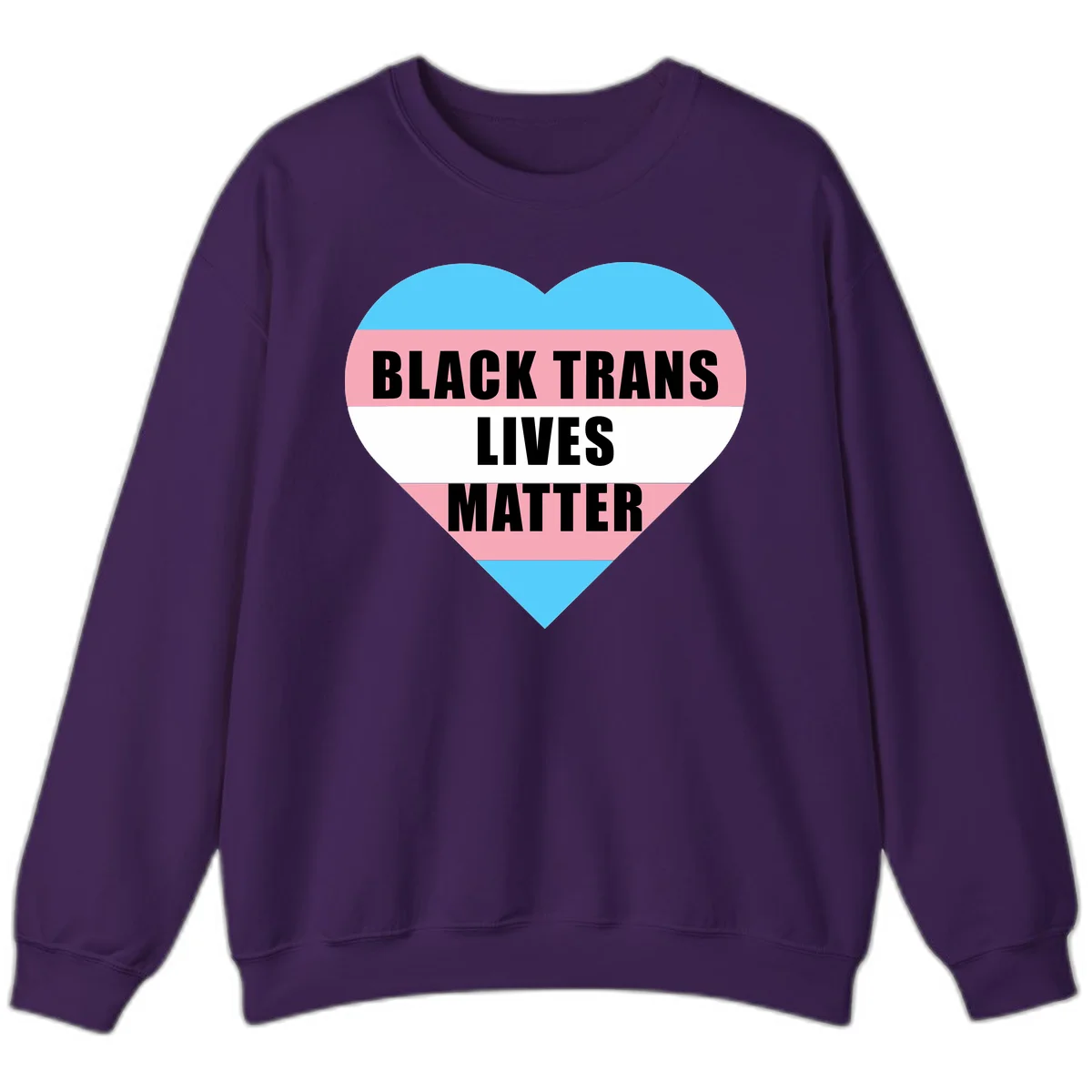 Heart-shaped design with trans flag stripes (blue, pink, white) and bold text reading 'BLACK TRANS LIVES MATTER' in Purple