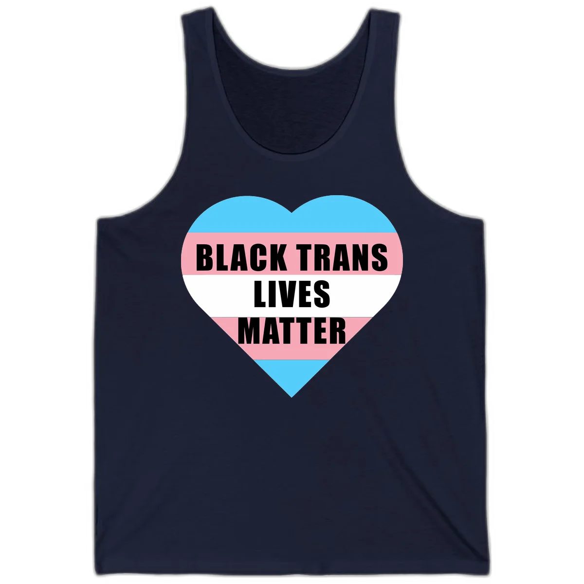 Heart-shaped design with trans flag stripes (blue, pink, white) and bold text reading 'BLACK TRANS LIVES MATTER' in Navy