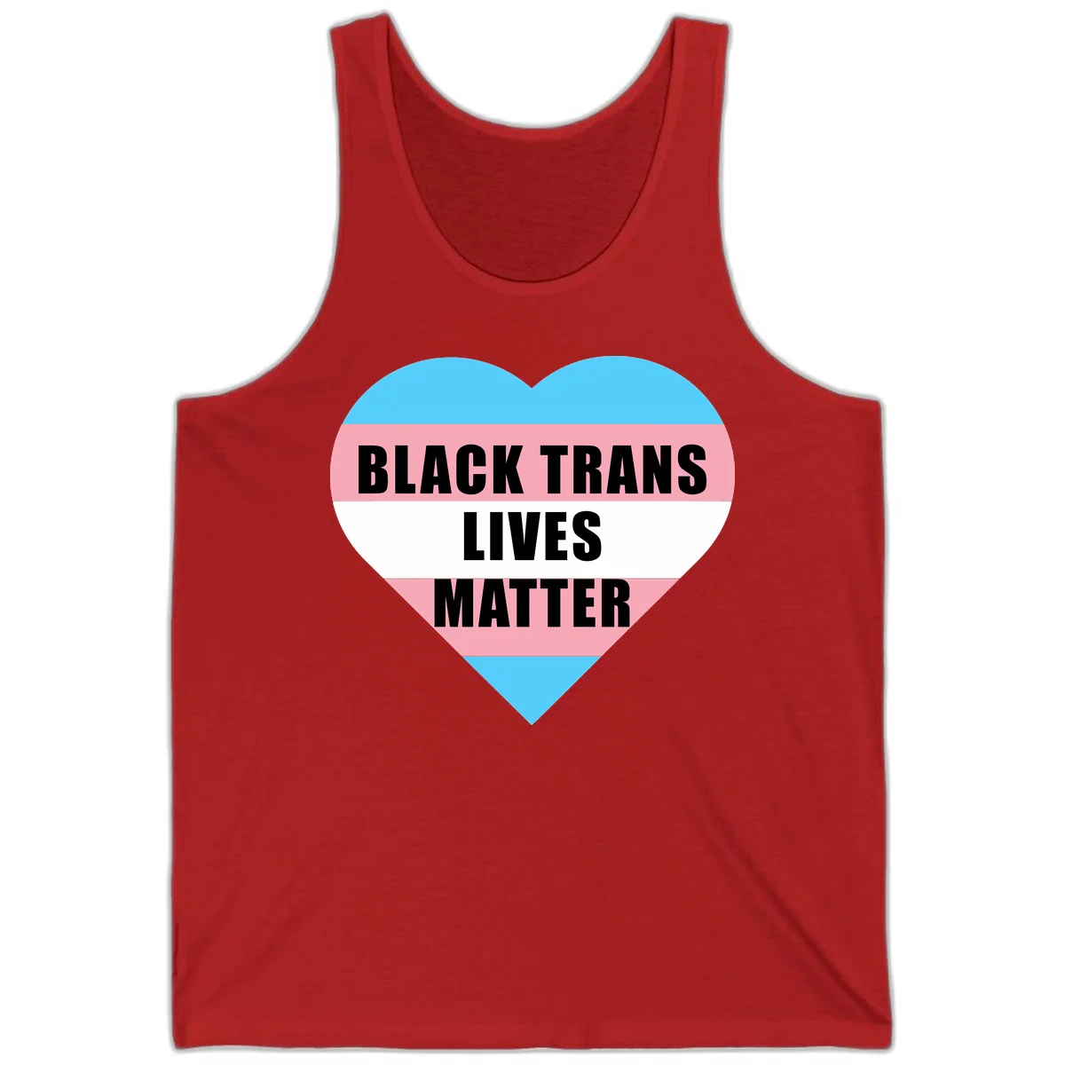 Heart-shaped design with trans flag stripes (blue, pink, white) and bold text reading 'BLACK TRANS LIVES MATTER' in Red
