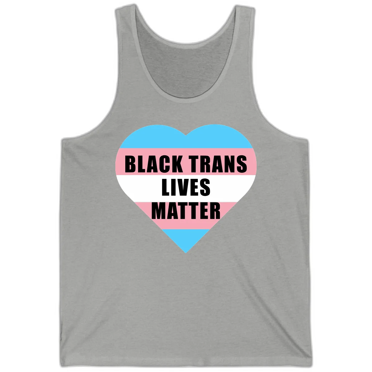 Heart-shaped design with trans flag stripes (blue, pink, white) and bold text reading 'BLACK TRANS LIVES MATTER' in Athletic Heather
