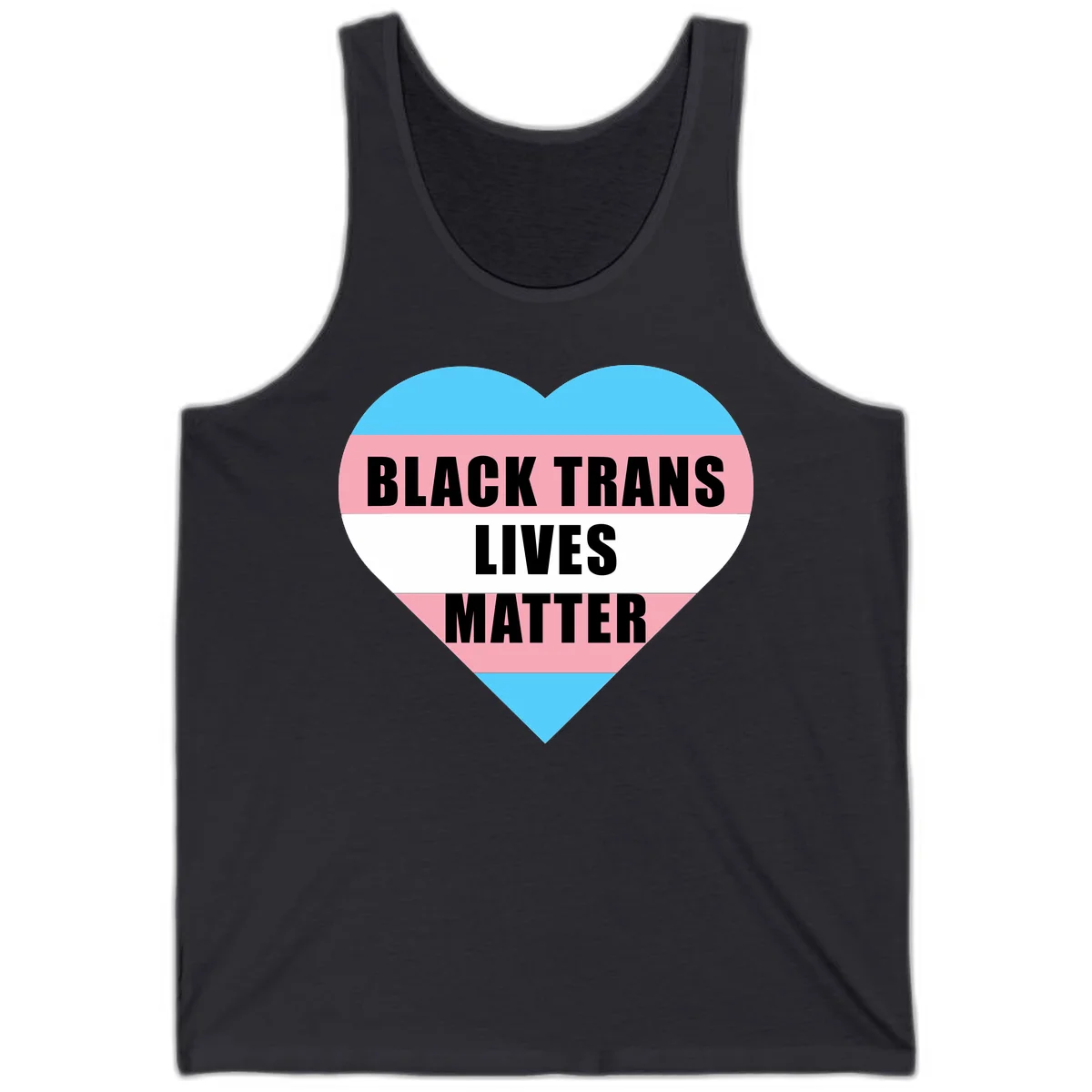 Heart-shaped design with trans flag stripes (blue, pink, white) and bold text reading 'BLACK TRANS LIVES MATTER' in Dark Grey