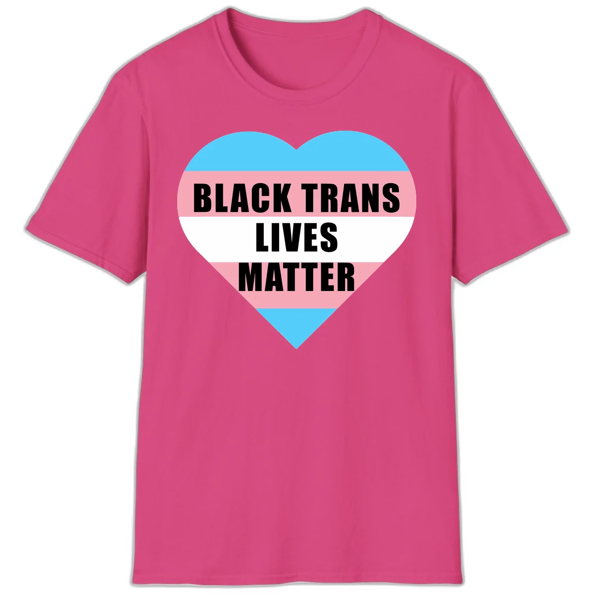 Heart-shaped design with trans flag stripes (blue, pink, white) and bold text reading 'BLACK TRANS LIVES MATTER' in Heliconia