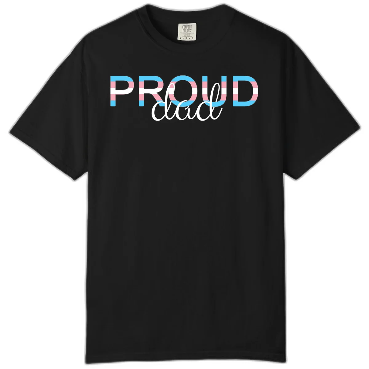 Proud and loud trans pride design with striped letters in cyan, pink, and white colors in Black