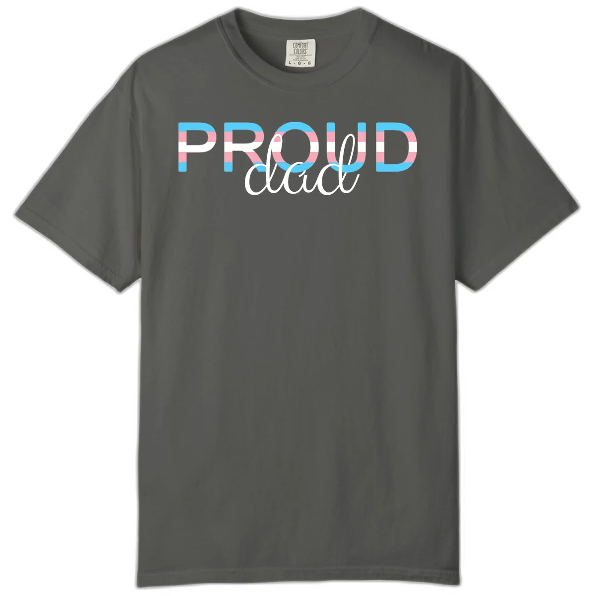 Proud and loud trans pride design with striped letters in cyan, pink, and white colors in Pepper