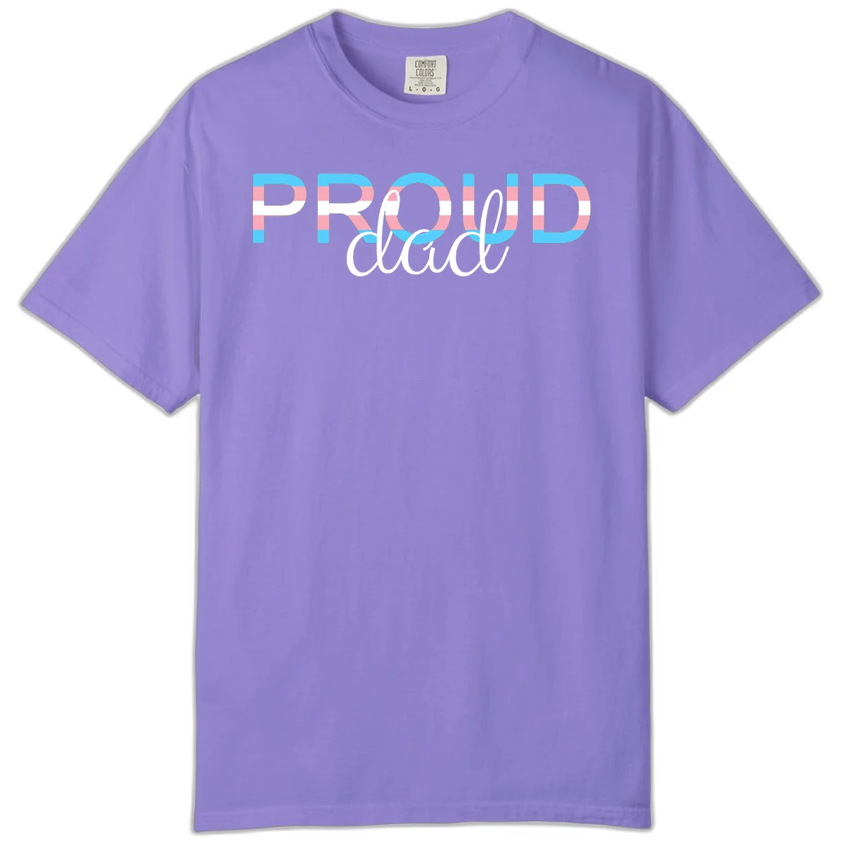 Proud and loud trans pride design with striped letters in cyan, pink, and white colors in Violet
