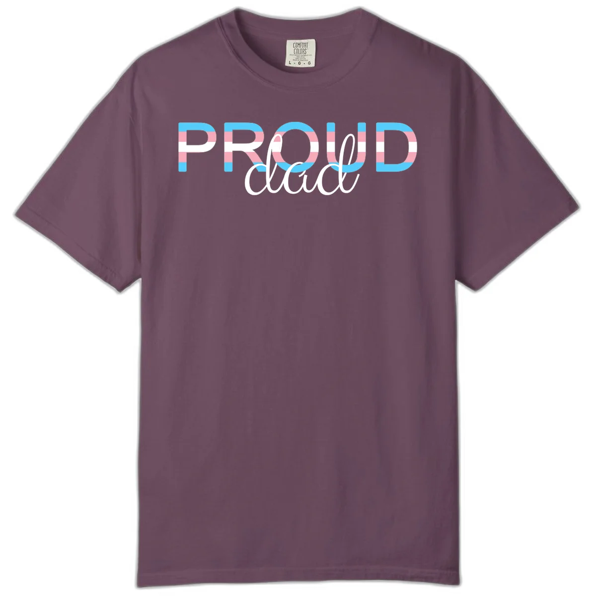 Proud and loud trans pride design with striped letters in cyan, pink, and white colors in Berry