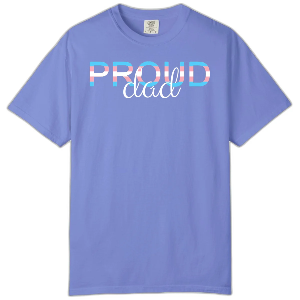Proud and loud trans pride design with striped letters in cyan, pink, and white colors in Flo Blue