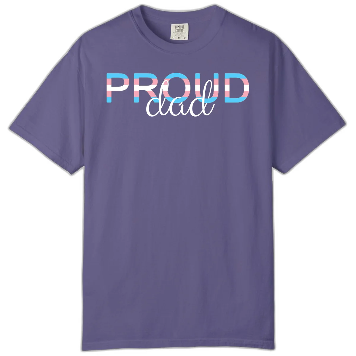 Proud and loud trans pride design with striped letters in cyan, pink, and white colors in Grape