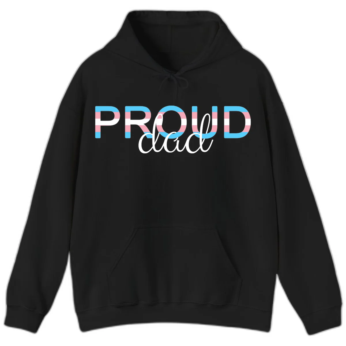 Proud and loud trans pride design with striped letters in cyan, pink, and white colors in Black