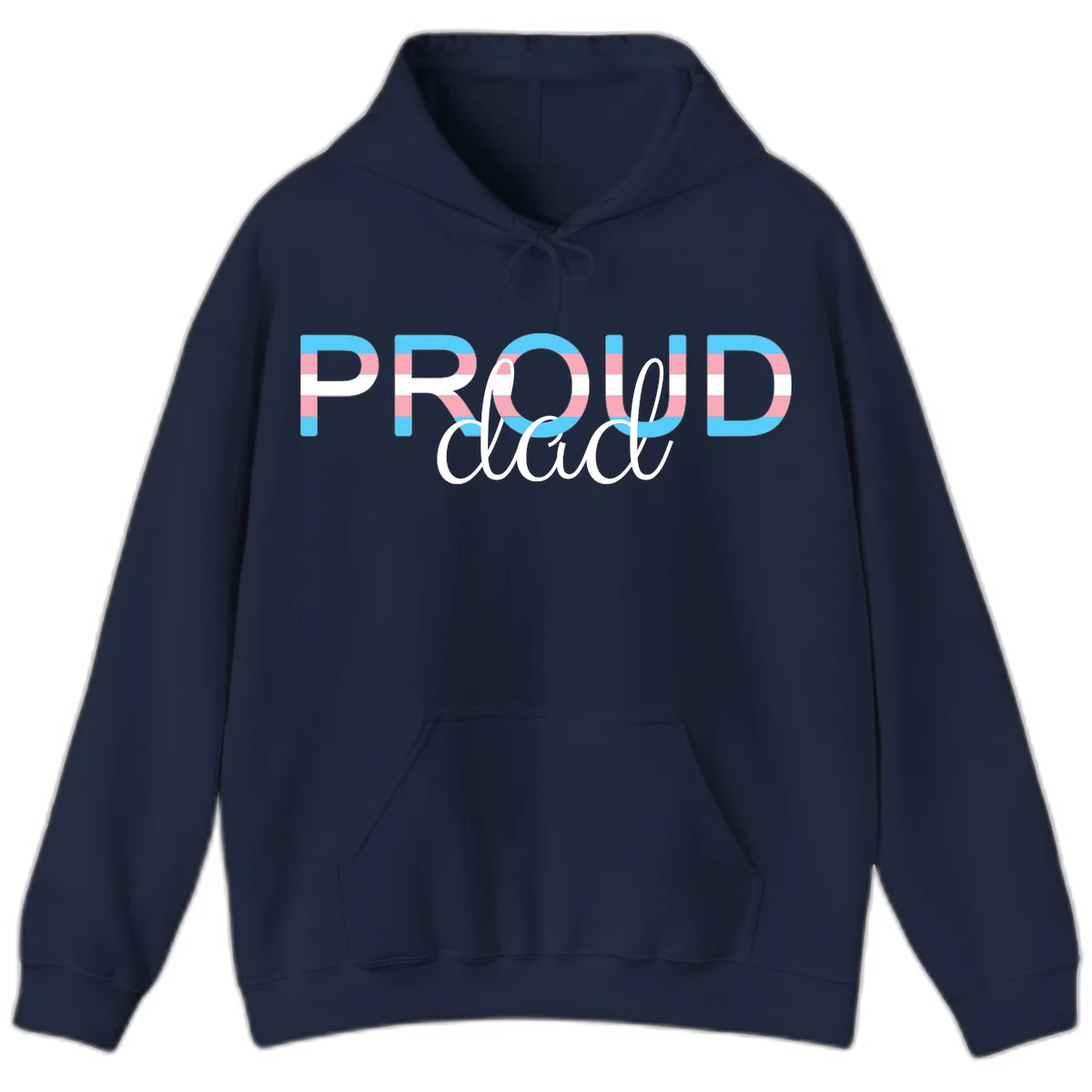Proud and loud trans pride design with striped letters in cyan, pink, and white colors in Navy