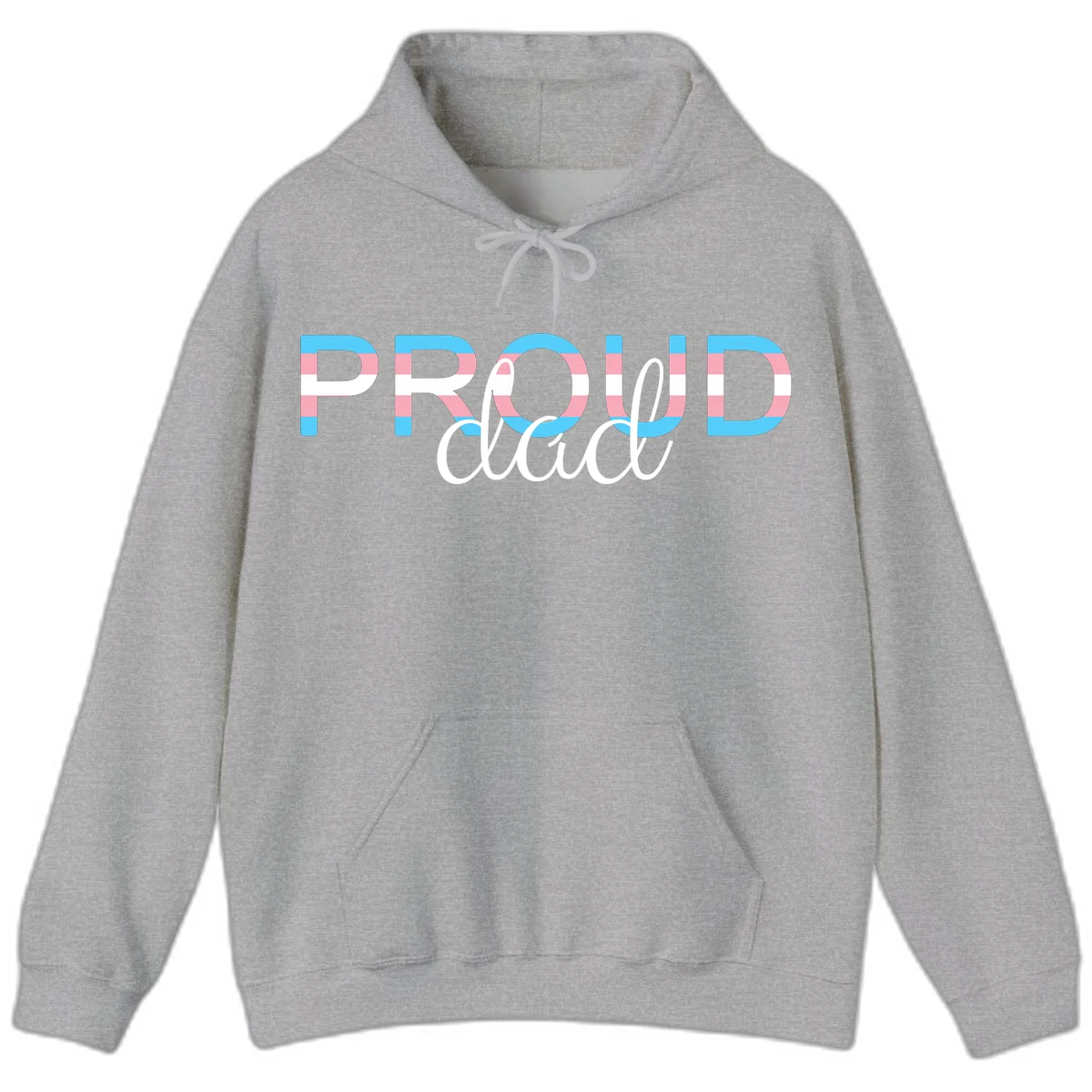 Proud and loud trans pride design with striped letters in cyan, pink, and white colors in Sport Grey
