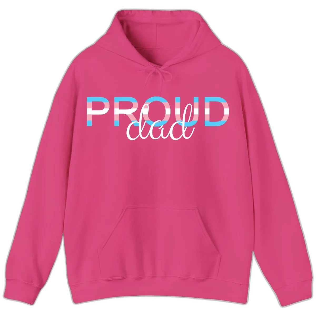 Proud and loud trans pride design with striped letters in cyan, pink, and white colors in Heliconia