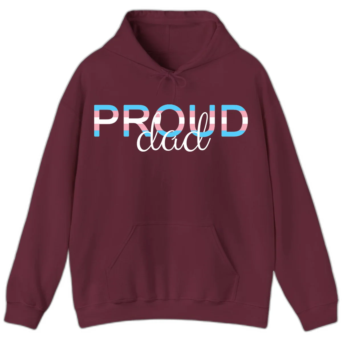 Proud and loud trans pride design with striped letters in cyan, pink, and white colors in Maroon