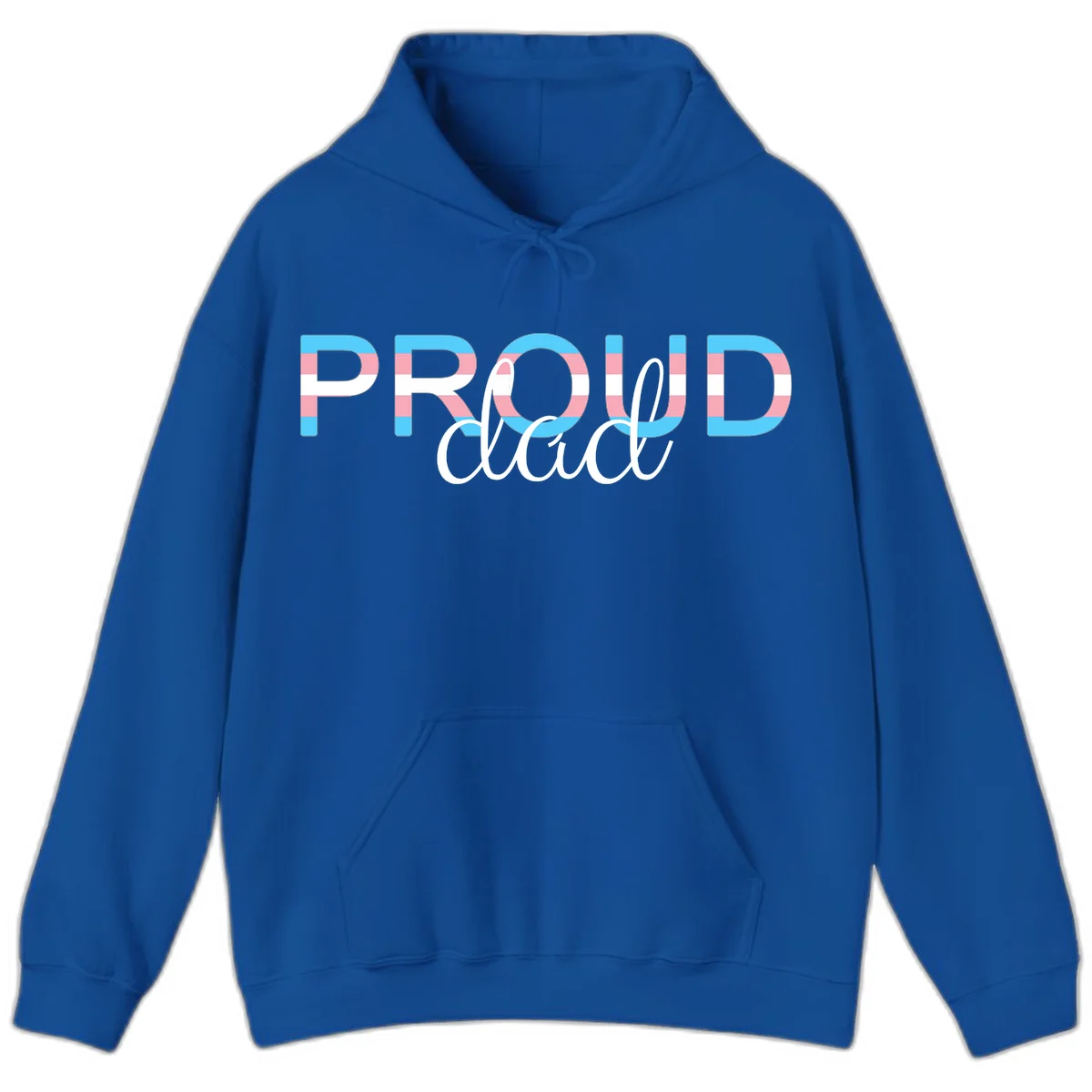 Proud and loud trans pride design with striped letters in cyan, pink, and white colors in Royal
