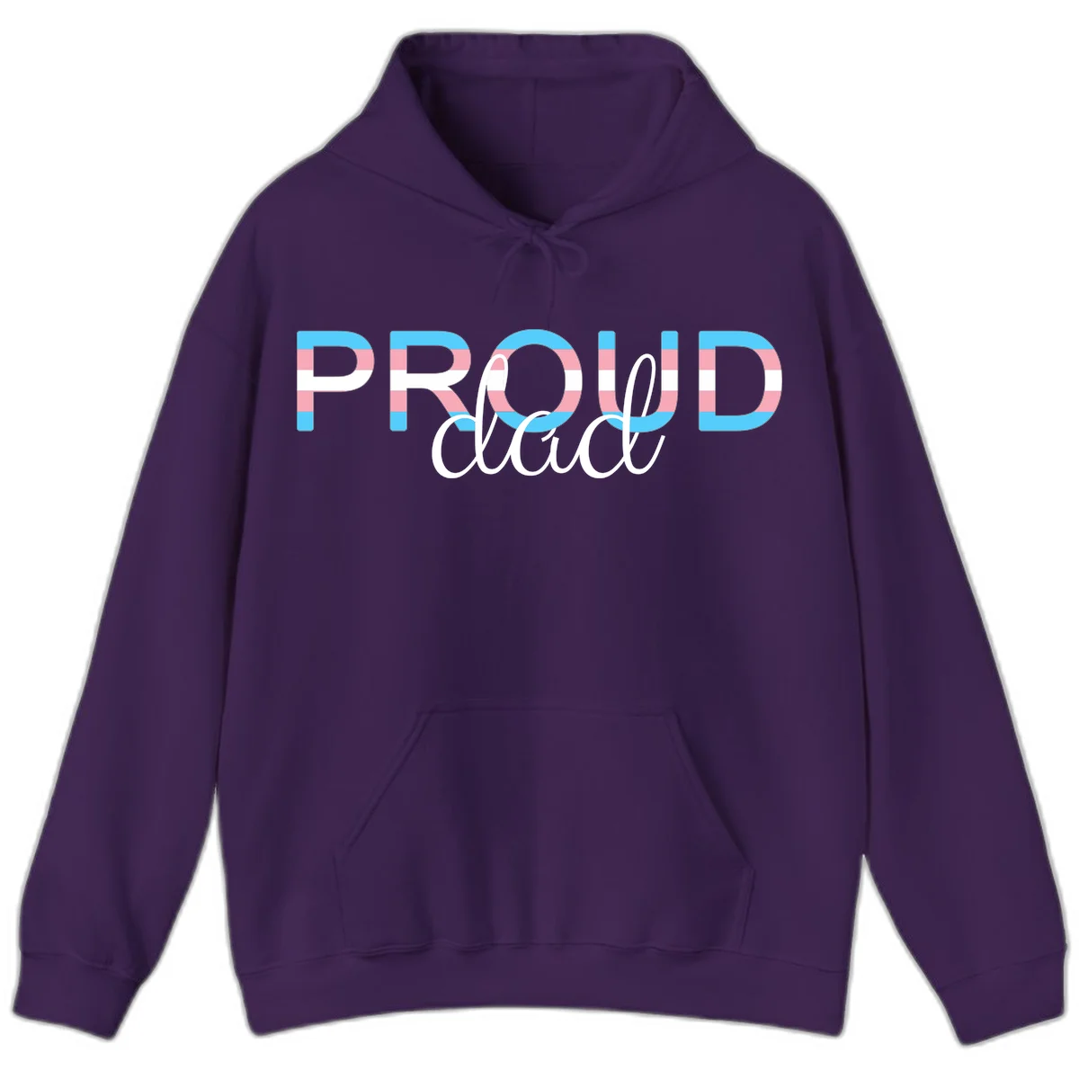 Proud and loud trans pride design with striped letters in cyan, pink, and white colors in Purple