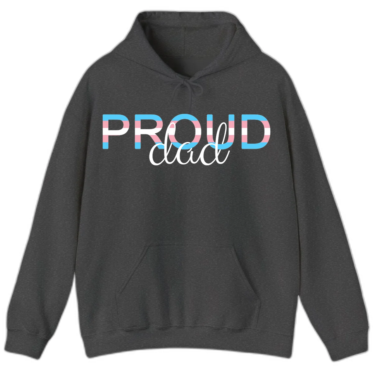 Proud and loud trans pride design with striped letters in cyan, pink, and white colors in Dark Heather