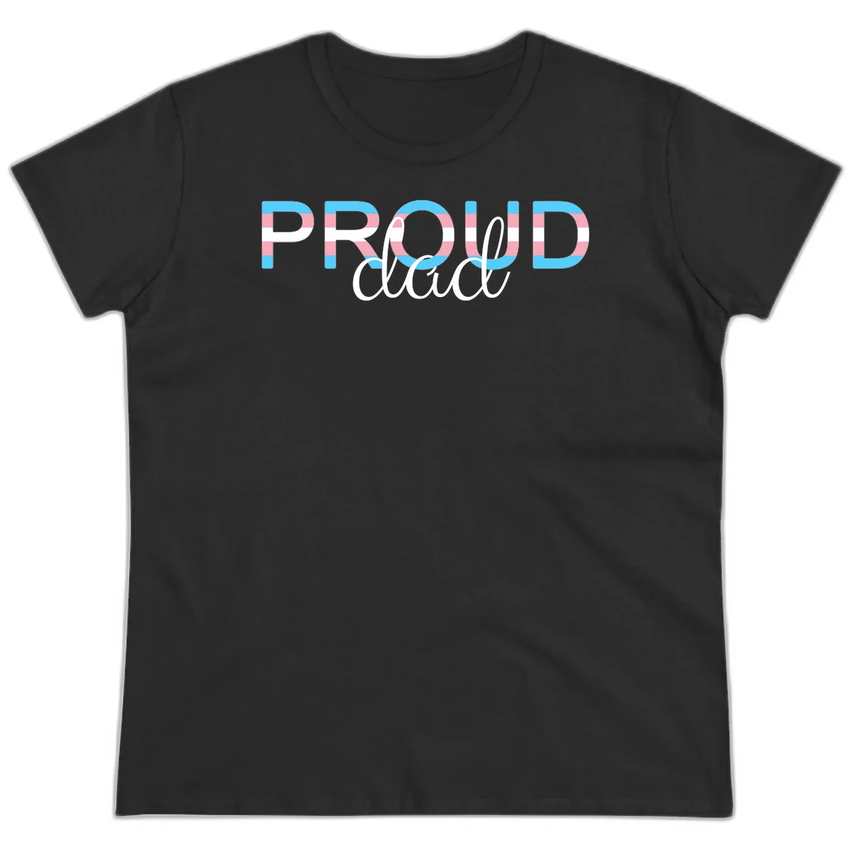 Proud and loud trans pride design with striped letters in cyan, pink, and white colors in Black