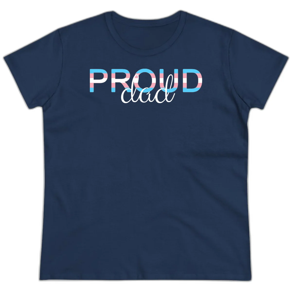 Proud and loud trans pride design with striped letters in cyan, pink, and white colors in Navy