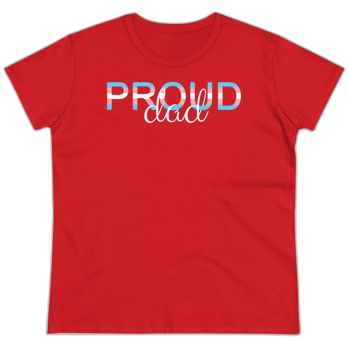 Proud and loud trans pride design with striped letters in cyan, pink, and white colors in Red