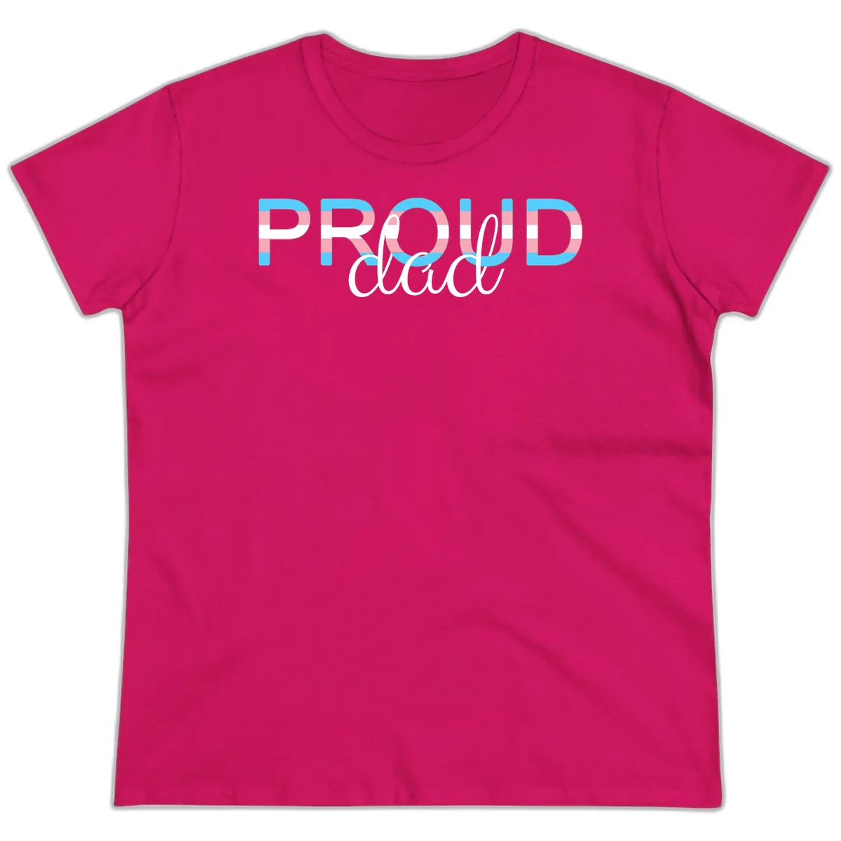 Proud and loud trans pride design with striped letters in cyan, pink, and white colors in Heliconia