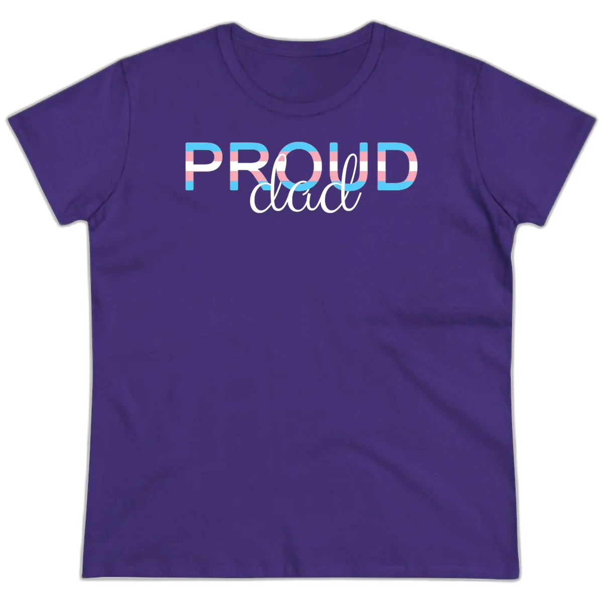Proud and loud trans pride design with striped letters in cyan, pink, and white colors in Purple