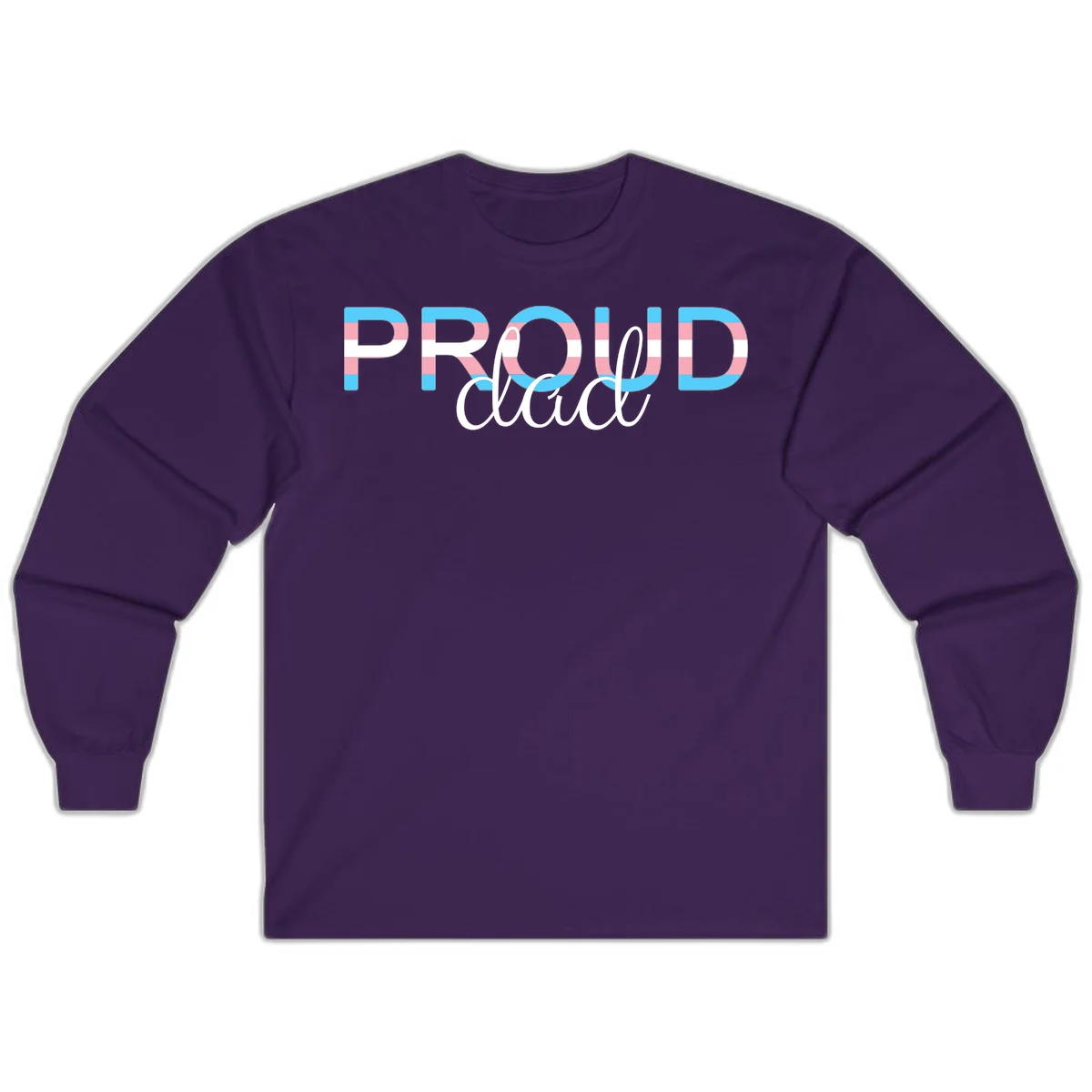Proud and loud trans pride design with striped letters in cyan, pink, and white colors in Purple