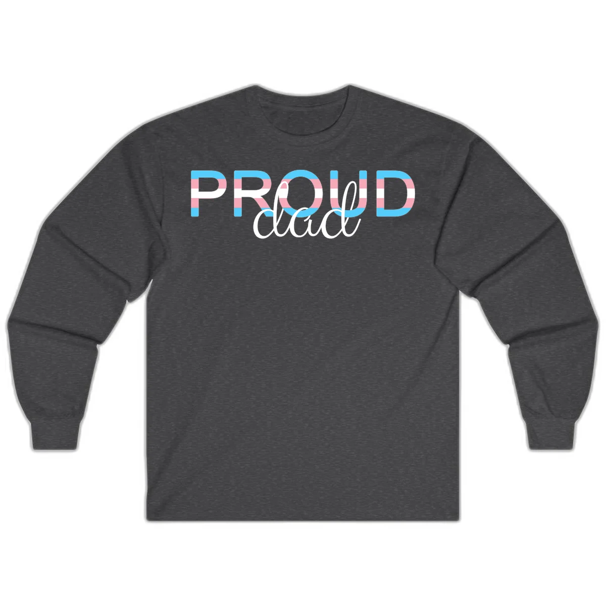 Proud and loud trans pride design with striped letters in cyan, pink, and white colors in Dark Heather