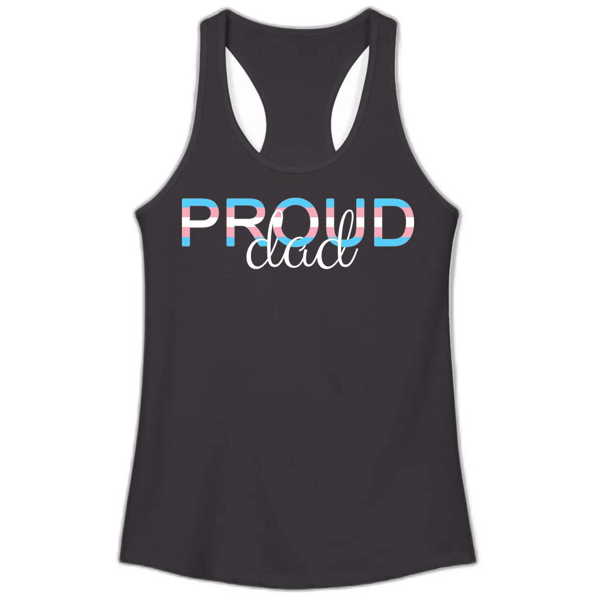 Proud and loud trans pride design with striped letters in cyan, pink, and white colors in Black