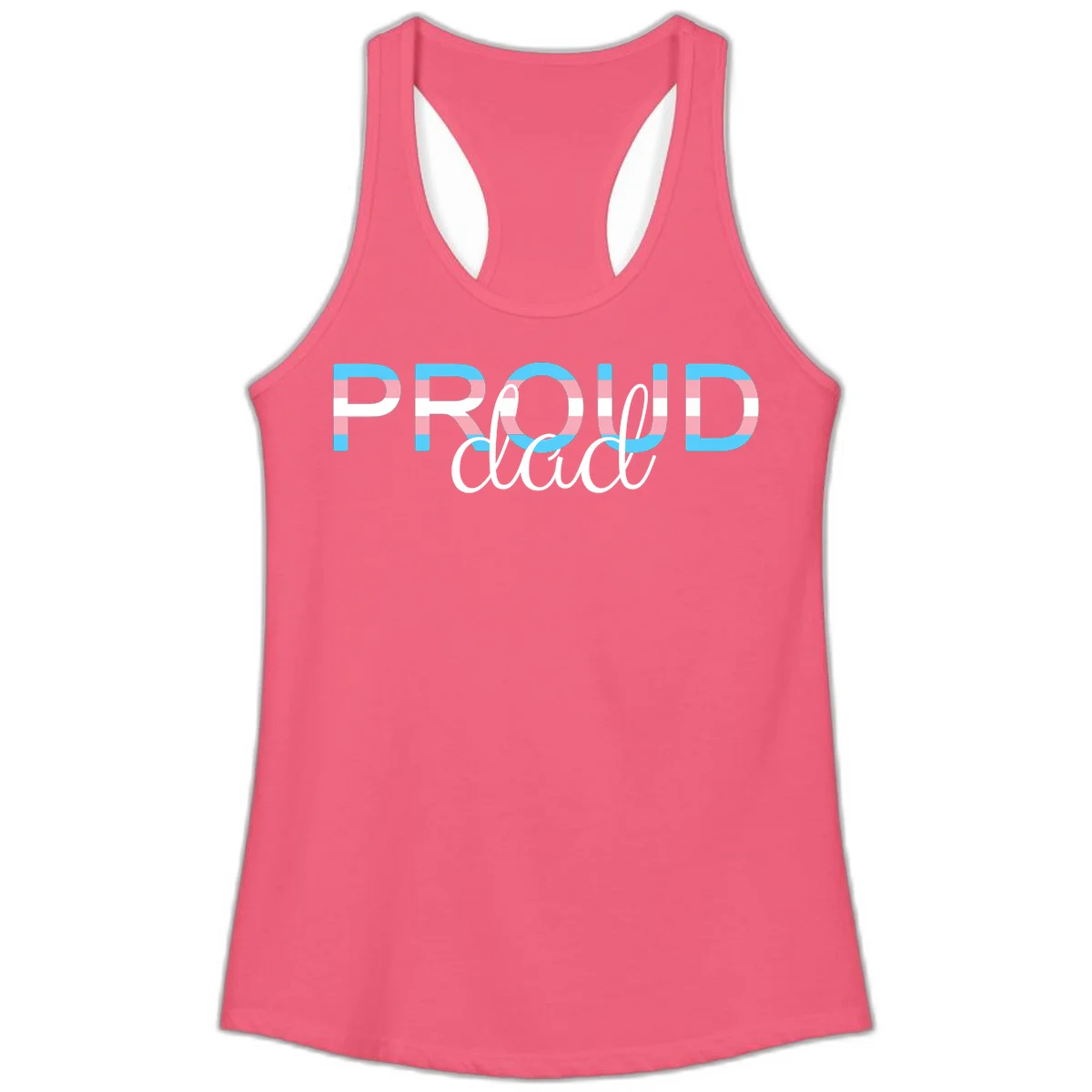Proud and loud trans pride design with striped letters in cyan, pink, and white colors in Hot Pink