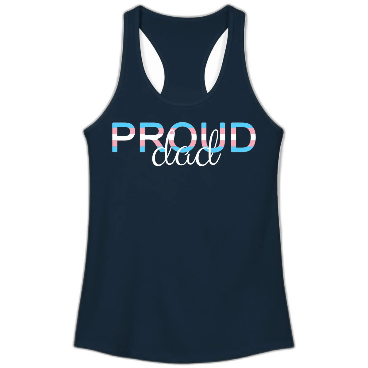 Proud and loud trans pride design with striped letters in cyan, pink, and white colors in Solid Midnight Navy