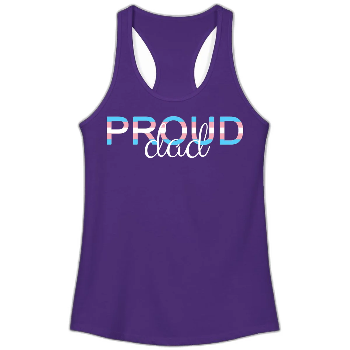 Proud and loud trans pride design with striped letters in cyan, pink, and white colors in Solid Purple Rush