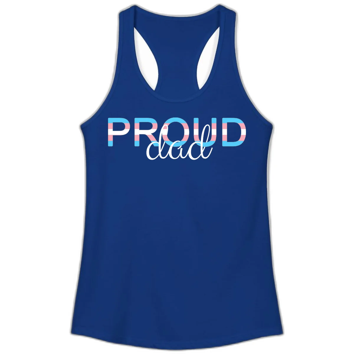 Proud and loud trans pride design with striped letters in cyan, pink, and white colors in Solid Royal