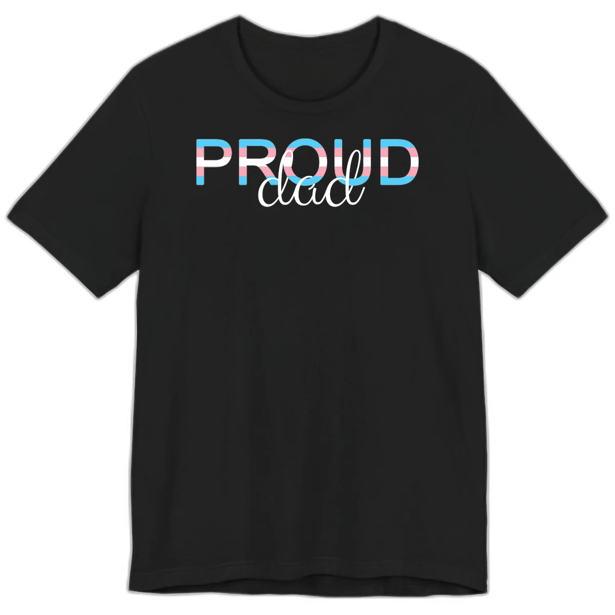Proud and loud trans pride design with striped letters in cyan, pink, and white colors in Black
