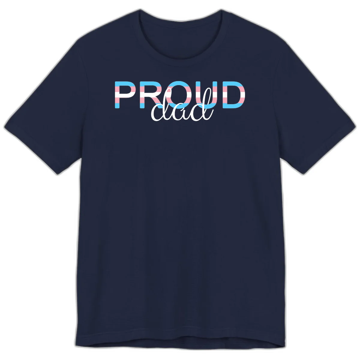 Proud and loud trans pride design with striped letters in cyan, pink, and white colors in Navy