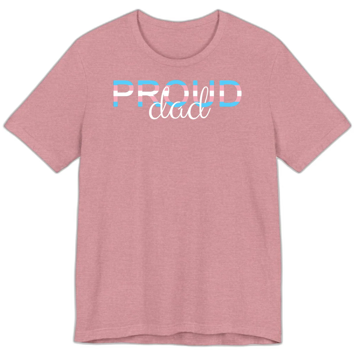 Proud and loud trans pride design with striped letters in cyan, pink, and white colors in Heather Orchid