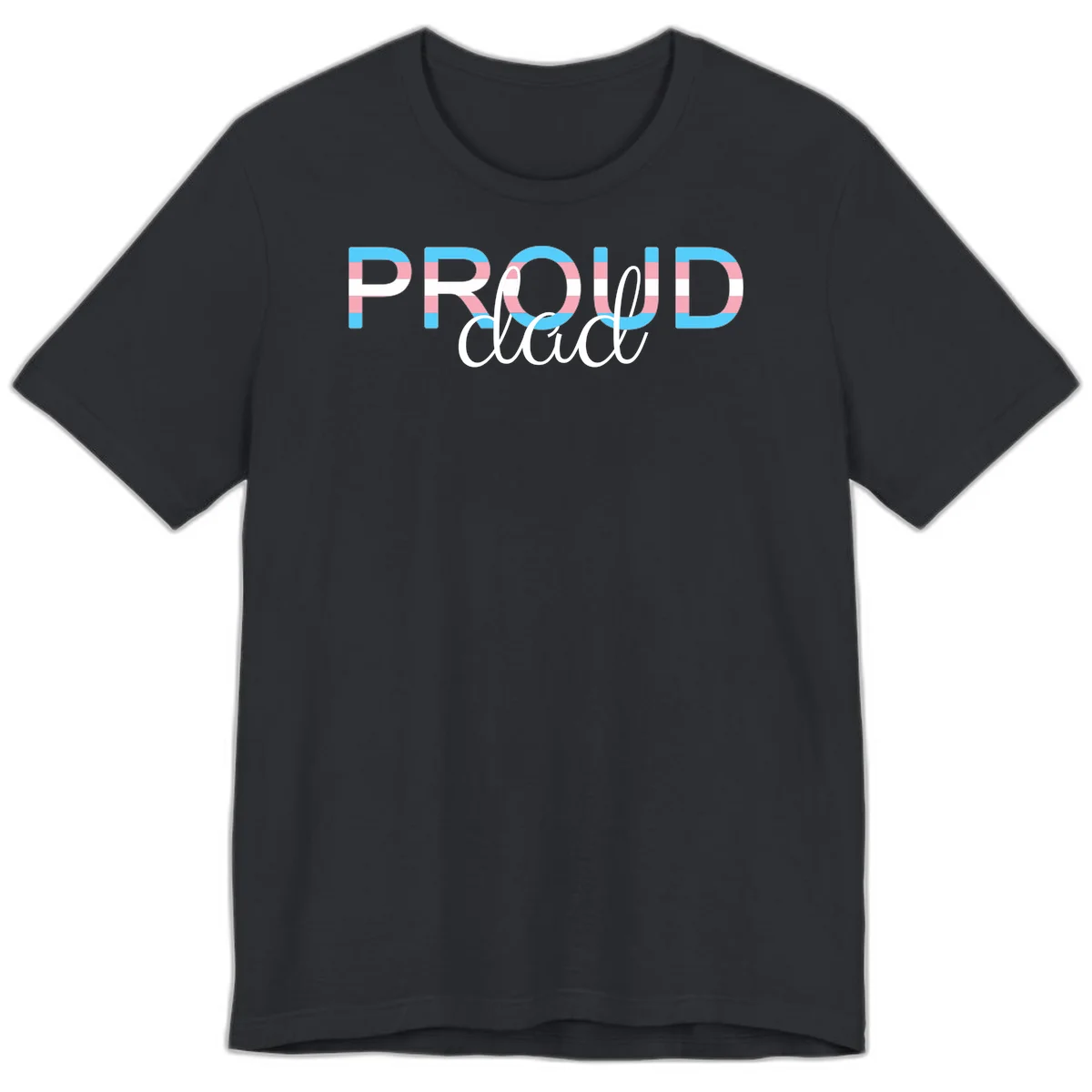 Proud and loud trans pride design with striped letters in cyan, pink, and white colors in Vintage Black