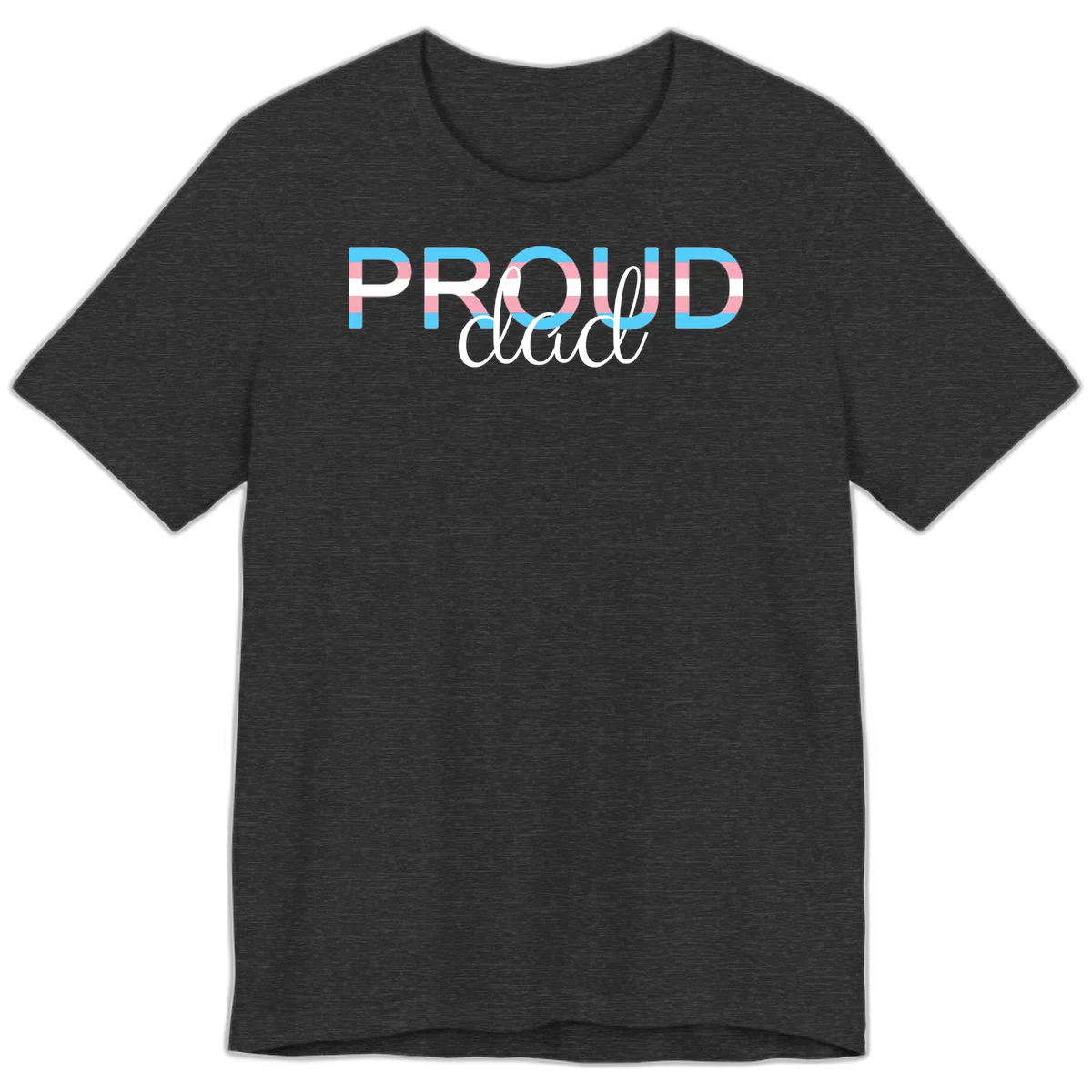 Proud and loud trans pride design with striped letters in cyan, pink, and white colors in Dark Grey Heather